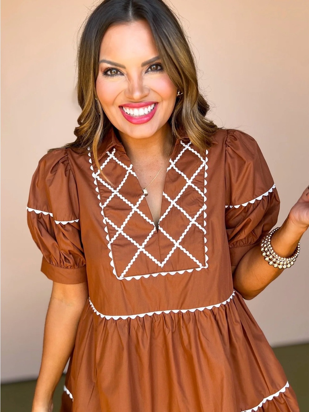 entro Burnt Orange Scallop Trim Detail Tiered Dress | Size Large - Picture 2 of 4